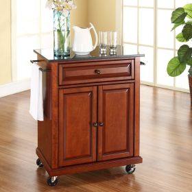 Cherry Portable Kitchen Island Cart w/ Granite Top & Locking Wheels