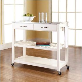 Stainless Steel Top Kitchen Cart Island in White on Casters