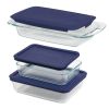 6-Piece Glass Bakeware Food Storage Set 3 Baking Dishes with Blue Plastic Lids